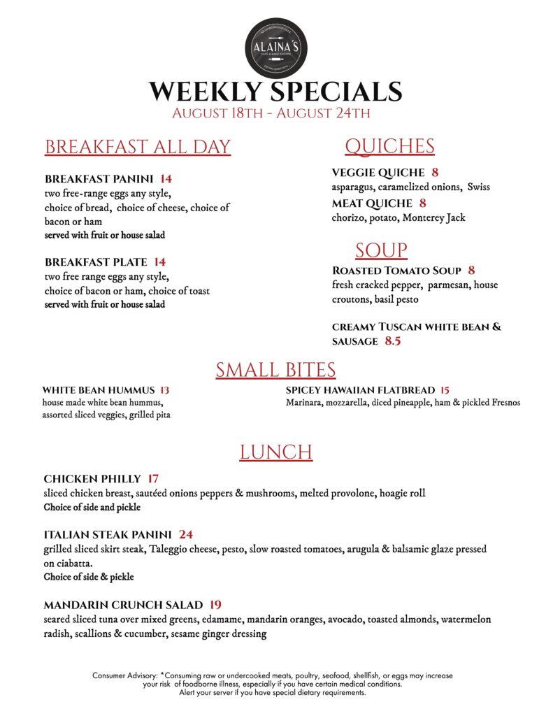 Alaina’s Café weekly specials menu, August 18th to August 24th