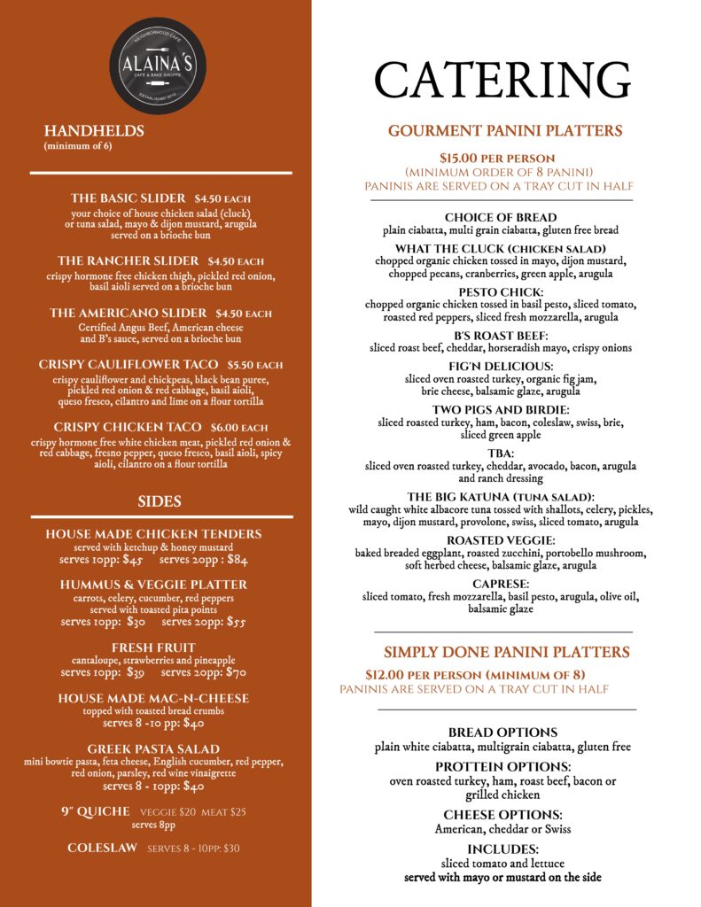 Catering menu page 1: handhelds, sides and panini platters. Full menu text is on this page below the images.