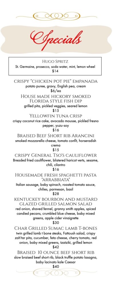 Dinner specials menu. Full menu text is on this page below the image.