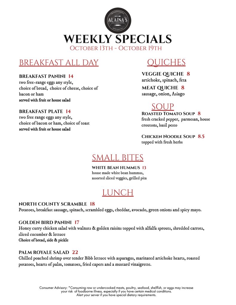 Weekly specials menu, October 13th to October 19th. Full menu text is on this page below the image.